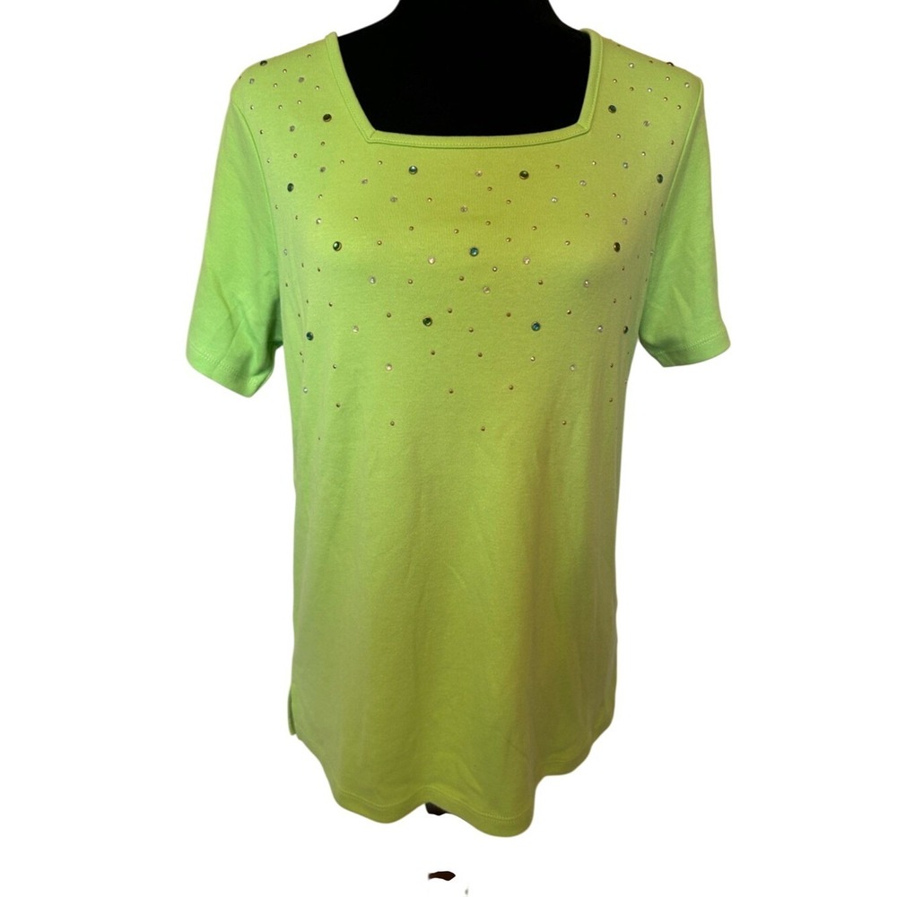 NWOT Quacker Factory Lime Green Short‎ Sleeve Top with Rhinestones Size Small